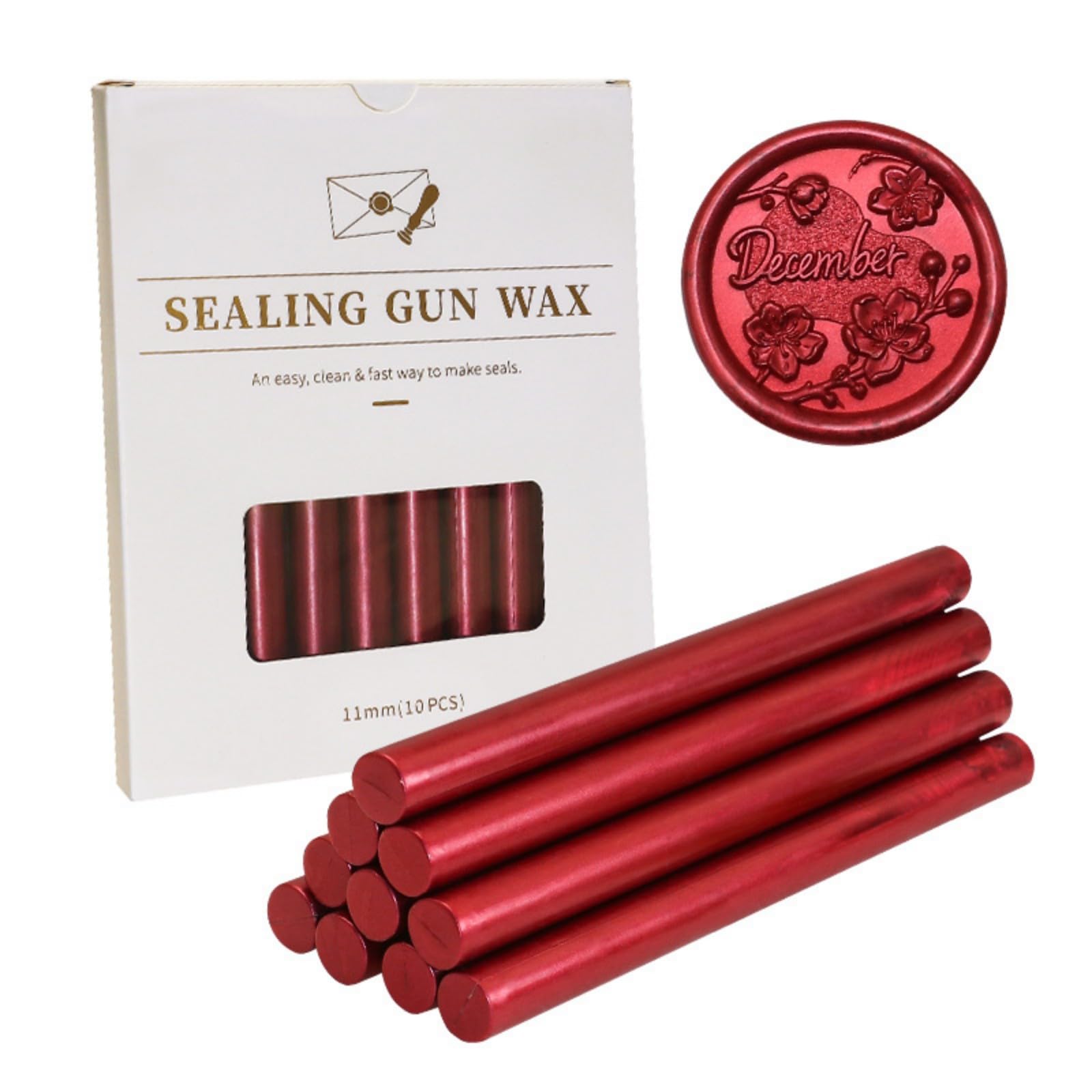 Sealing Wax Sticks for Glue Gun 11mm, 10 PCS Wax Seal Stick Metallic Colour for DIY Crafts, Sealing Stamps, Letters, Envelopes, Cards, Invitations, Parties (Red)