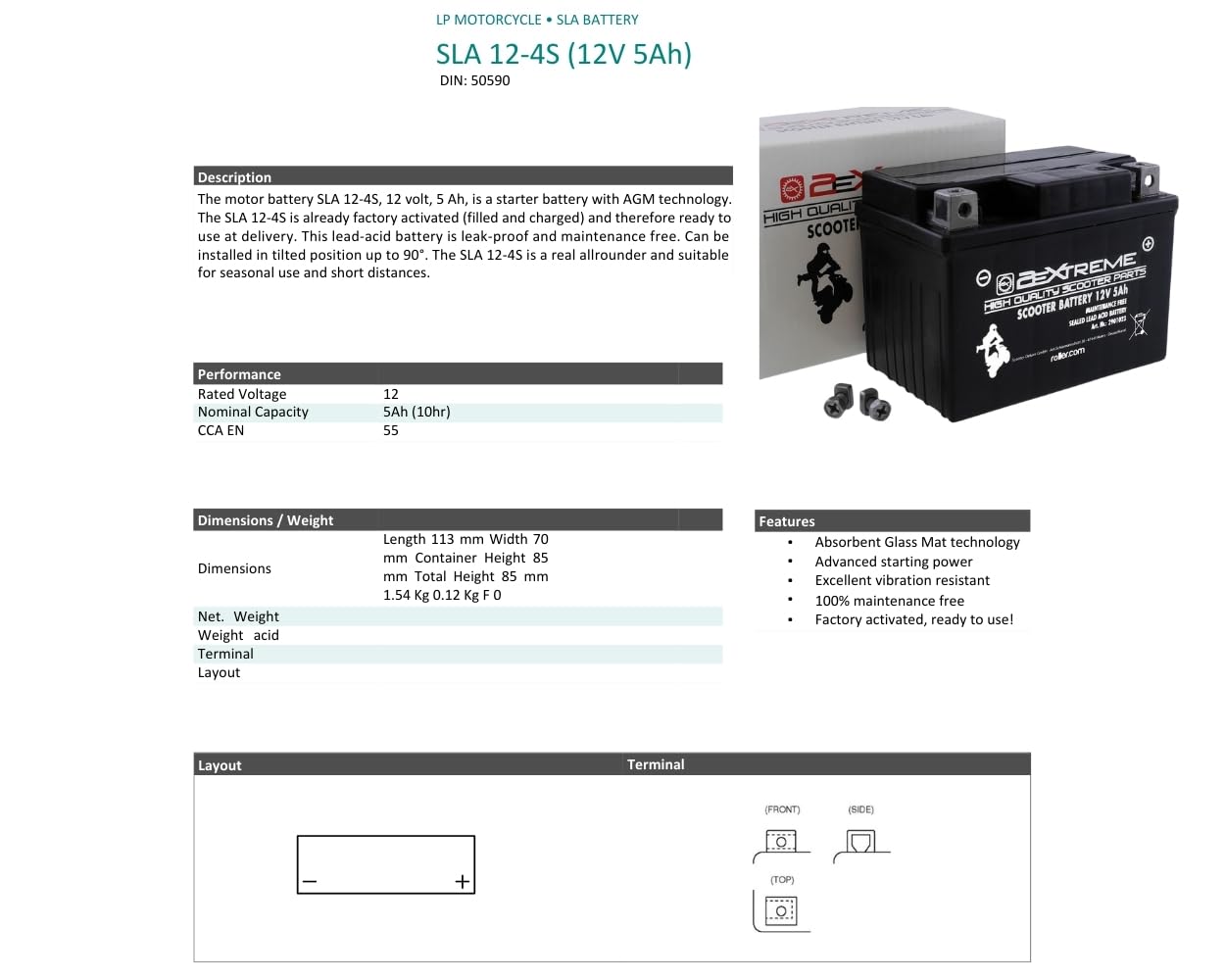 2EXTREME Batterie 12V 5Ah SLA4L-BS – wartungsfreie vorgeladene Rollerbatterie – kompatibel für PIAGGIO NRG, Sfera, TPH, ZIP, Vespa ET2 ET4, Derbi Boulevard 50ccm