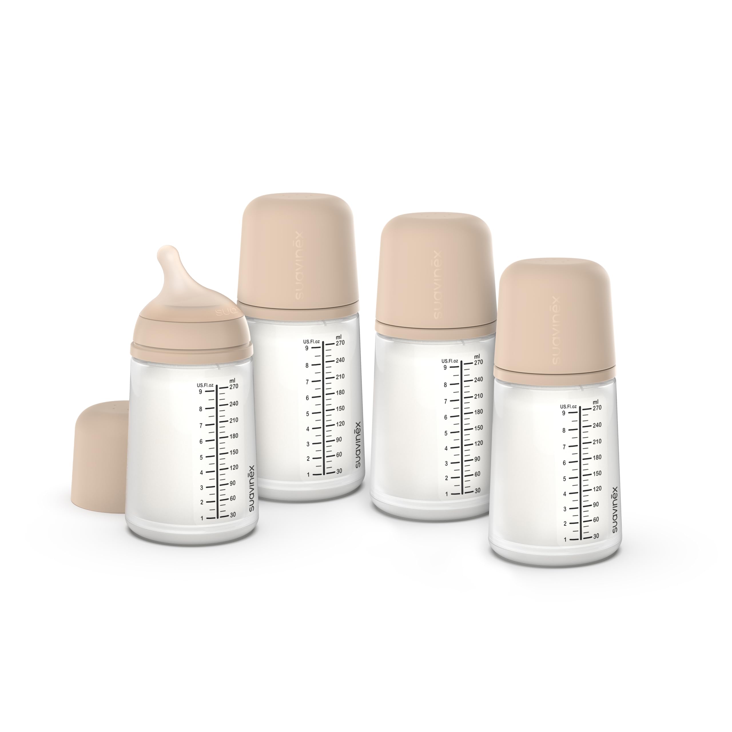 Suavinex, 4er Pack Anti-Colic Babyflasche Zero Zero,mit mittlerem Silikonsauger (M), für Babys ab 3 Monaten, Empfohlen für gestillte Babys und Flaschennahrung, 270 ml, Light