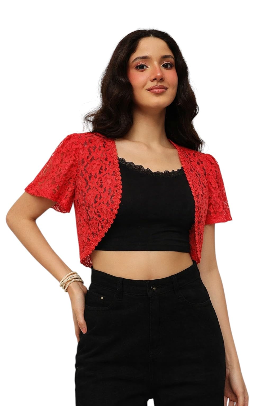 umsu Women's Lace Shrug, Red, Half Sleeve, Cotton Blend, Open Front Crop Bolero (IN, Alpha, XL, Regular, Red)-picture-29