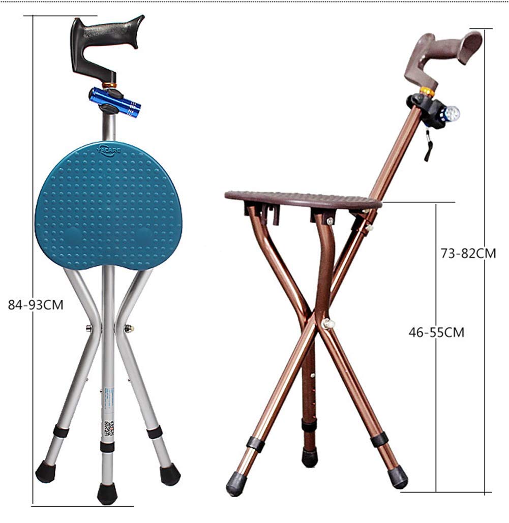 Bastón con Asiento, Altura Ajustable Bastón con luz LED Asiento de bastón 3 Patas Bastón portátil Plegable Aluminio, Marrón_84-93cm (Marrón 84)