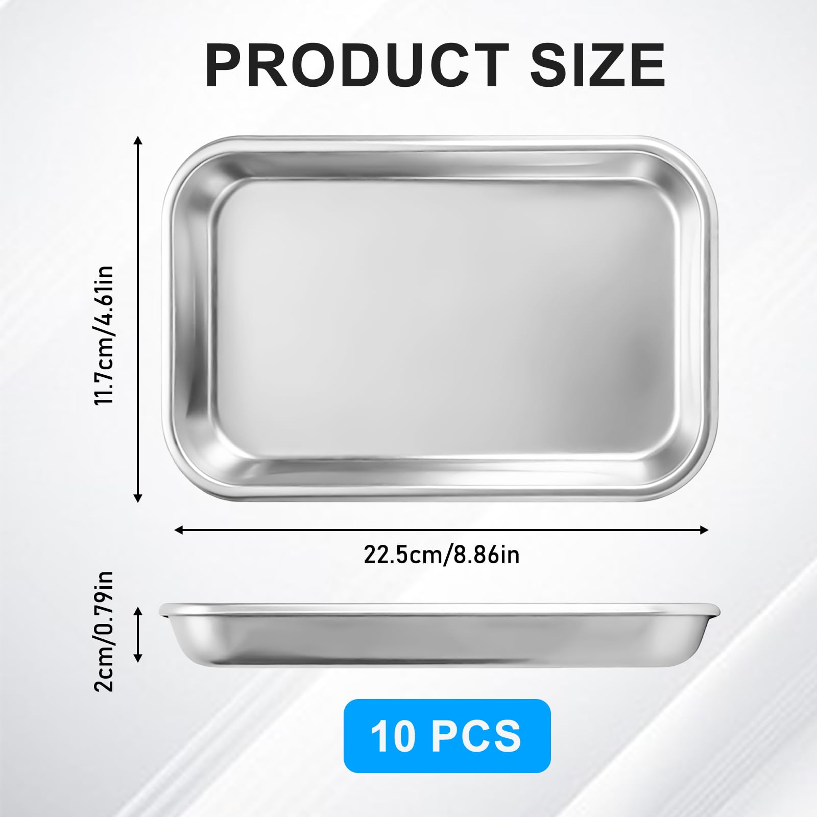 10 Stück Instrumententablett Edelstahl, 22.5 x 11.7 x 2 cm Edelstahl Schale Rechteckig, Labortablett Tablett Klein, Laborschalen, Metalltablett Rechteckige, Einsatz in Laboratorien, Krankenhäuser