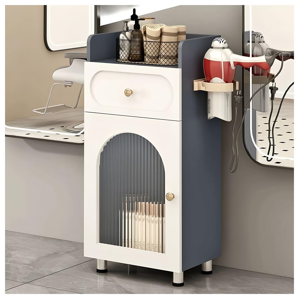 Zfmnoyev Mobiletto Portaoggetti per Carrello da Parrucchiere con Anta in Vetro E Porta-asciugacapelli, Postazione Portaoggetti per Barbiere, Postazione per Salone con Cassetto E Mobiletto(Grey)