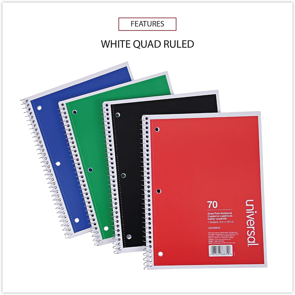 Universal UNV66634 10.5 in. x 8 in. 1-Subject Quadrille Rule Wirebound Notebook - Assorted Cover Colors (4/Pack)