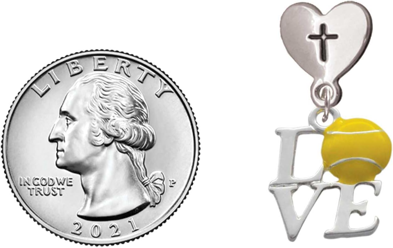 Delight Jewelry Silvertone Love with Tennis Ball Cross in Heart Post Dangle Earrings