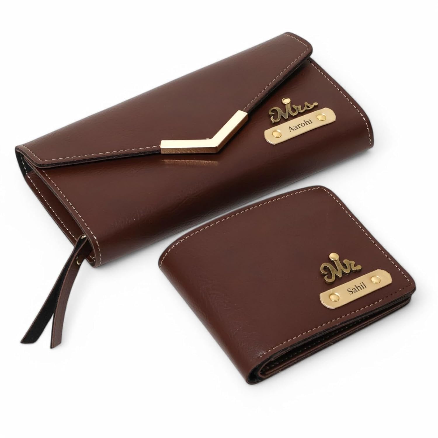 Faux Leather Couple Wallet Set, Personalised, Tri-Fold Clutch and Bi-Fold, with Card Holder, Modern, Solid, Leather Lining, Credit Card and Paper Money (Brown)-image-16
