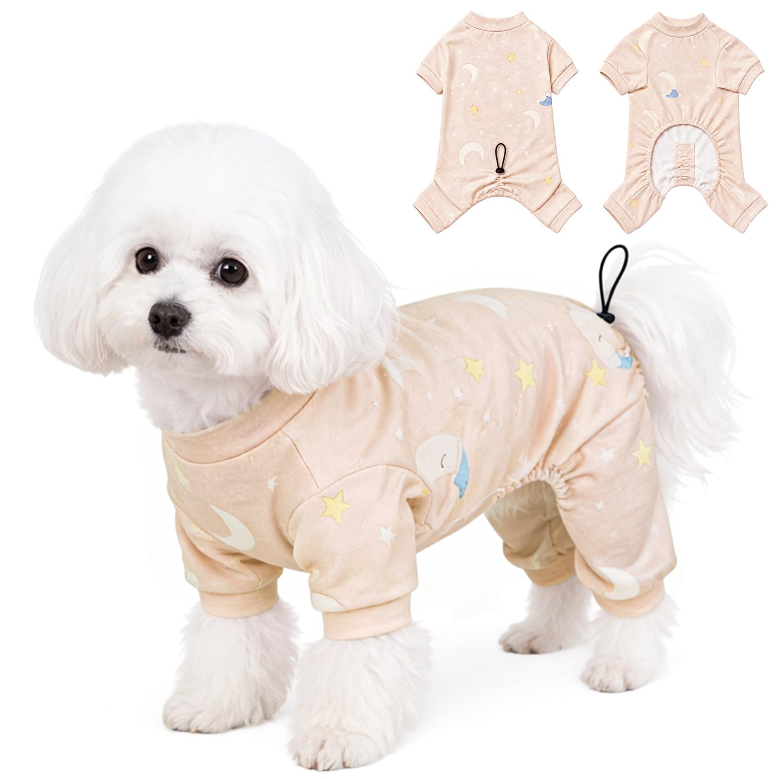 Fohuanky Dog Pyjamas for Small Dogs, Soft Breathable Full Body Dog Jumpsuit with Adjustable Back Length, Comfortable Puppy Pyjamas for Bichon Poodle Maltese Chihuahua XS-XL (Beige, XS)