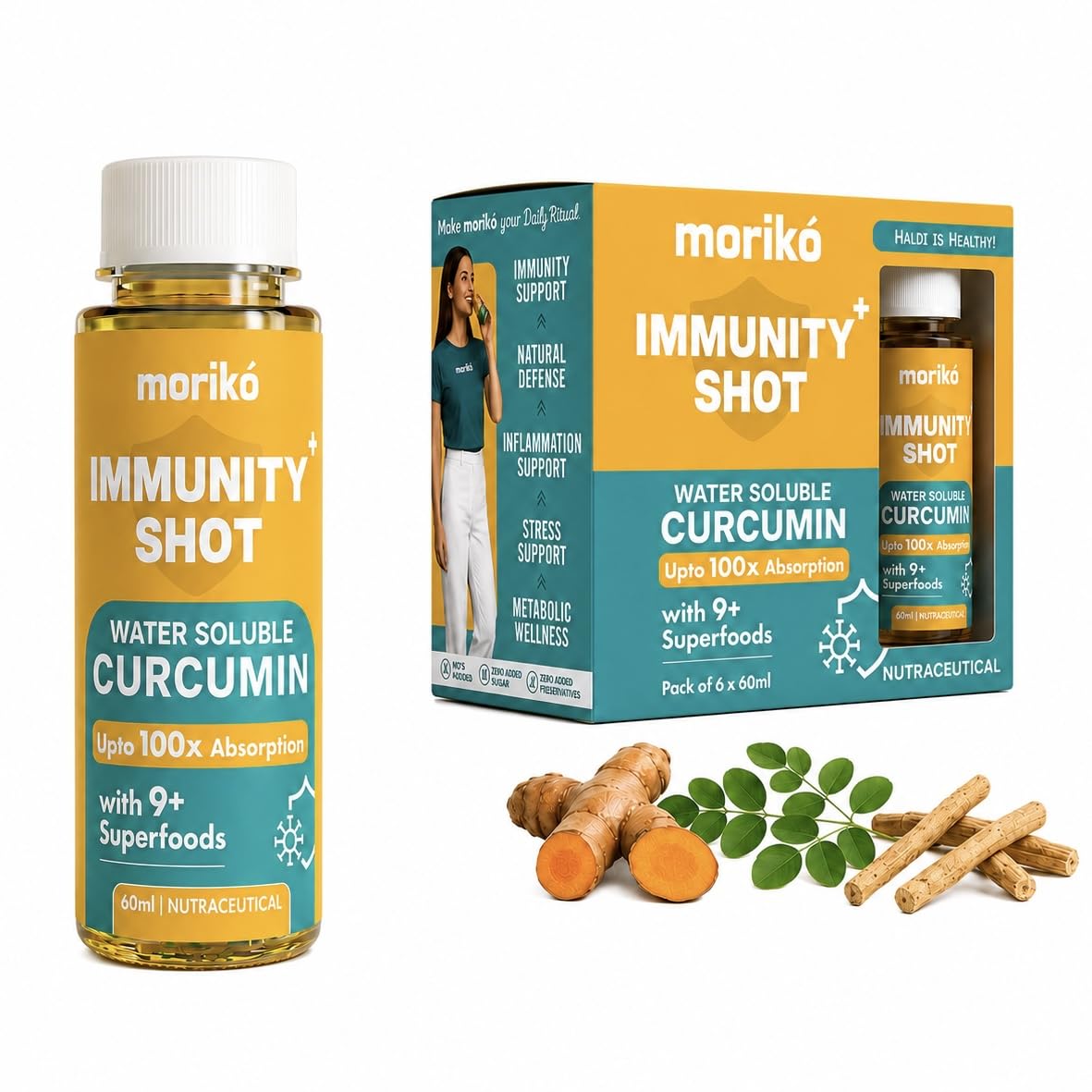 Moriko Immunity Shots | Water Soluble Turmeric Curcumin Shots with Moringa, Tulsi, Ginger, Ashwagandha and more | Supports Immunity, Metabolism, Heart Health, Oxidative Stress, Anti Inflammation | Curcumin Supplement (Pack of 15)-image-26