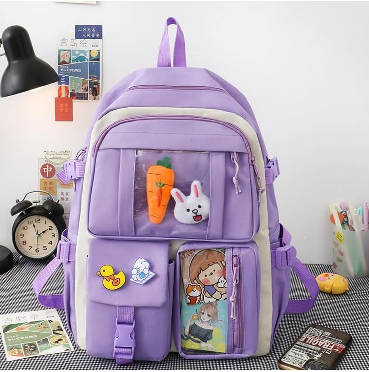 Miniatura 7 de Mochila Kawaii con colgantes y alfileres Kawaii, juego de 5 piezas para adolescentes y niñas, mochila escolar linda mochila estética, B1, Tamaño