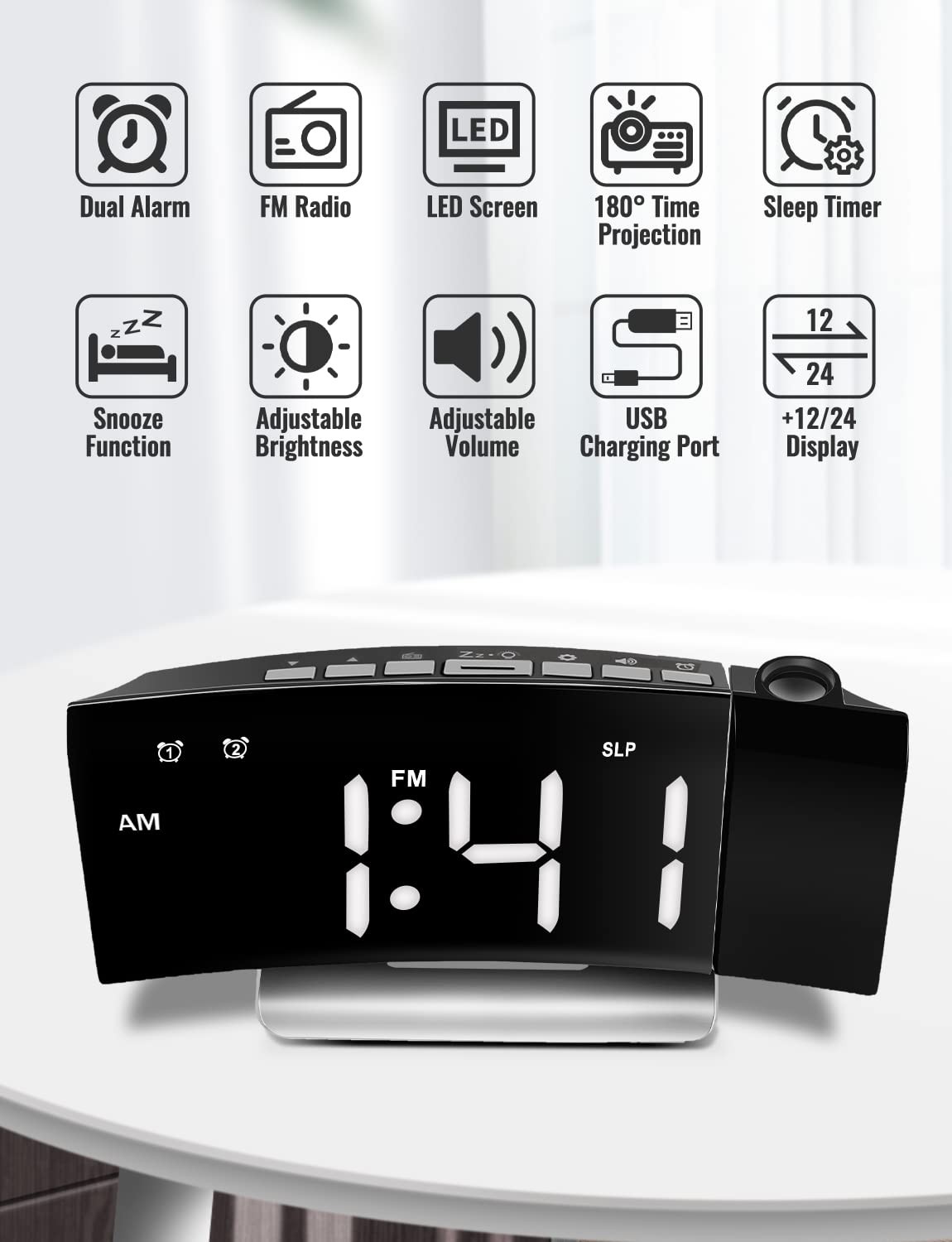 TAKRINK Sveglia da Comodino con Proiettore Ruotabile di 180 Gradi Sveglia Digitale Luminosità Regolabile Sveglia con Proiettore 12/24H Display LED Doppia Sveglia Snooze FM Radio