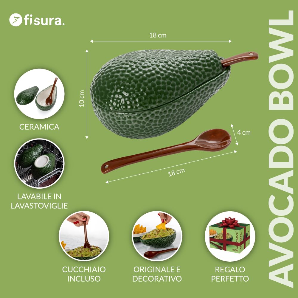 Fisura - Ciotola per guacamole con cucchiaio. Originale ciotola a forma di avocado. Ciotola per guacamole in porcellana. Ciotola verde per antipasti. 18 x 10 cm
