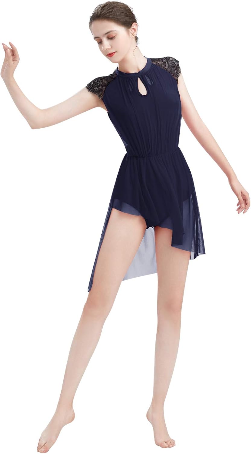 ODASDO Women Elegant Lyrical Dance Dress Lace Cap Sleeve Asymmetrical Tulle Skirt Leotard Contemporary Costume XS-XL
