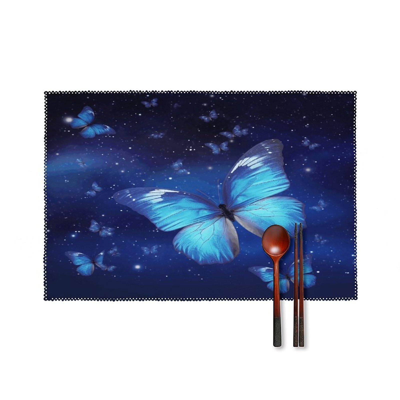 Blue Starry Butterfly Placemats Set of 4 Canvas Washable Cloth Place Mats Wipeable Heat Resistant Table Mats Elegant Cloth Placemat for Kitchen Dinning Party Table Decor 12" X 18"