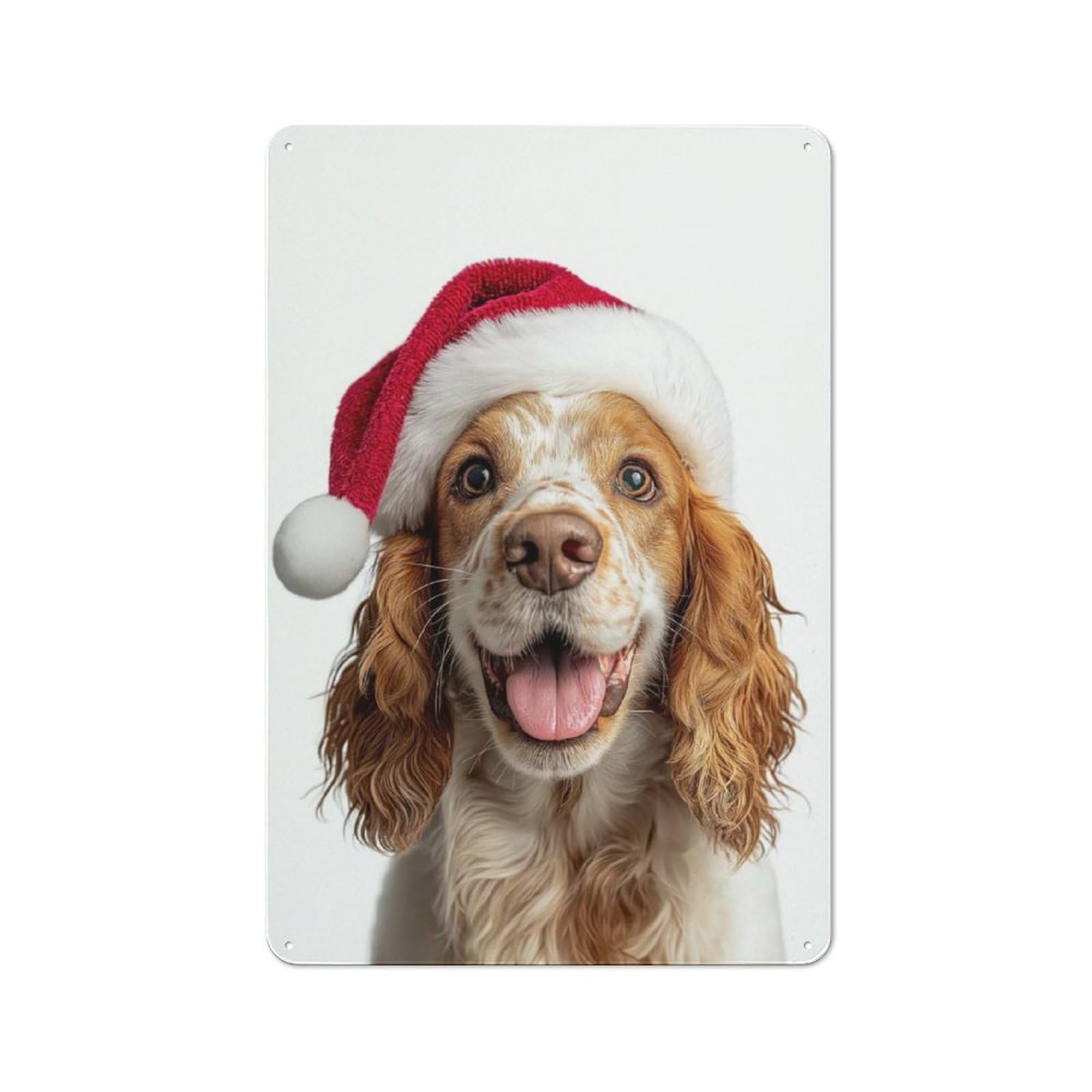 Junmoney English Cocker Spaniel Dog With Santa Hat Retro Metal Plaque 30X20cm Featuring For Garage Wall, A Winter Wall Decor Update For Workshop Decor Fans