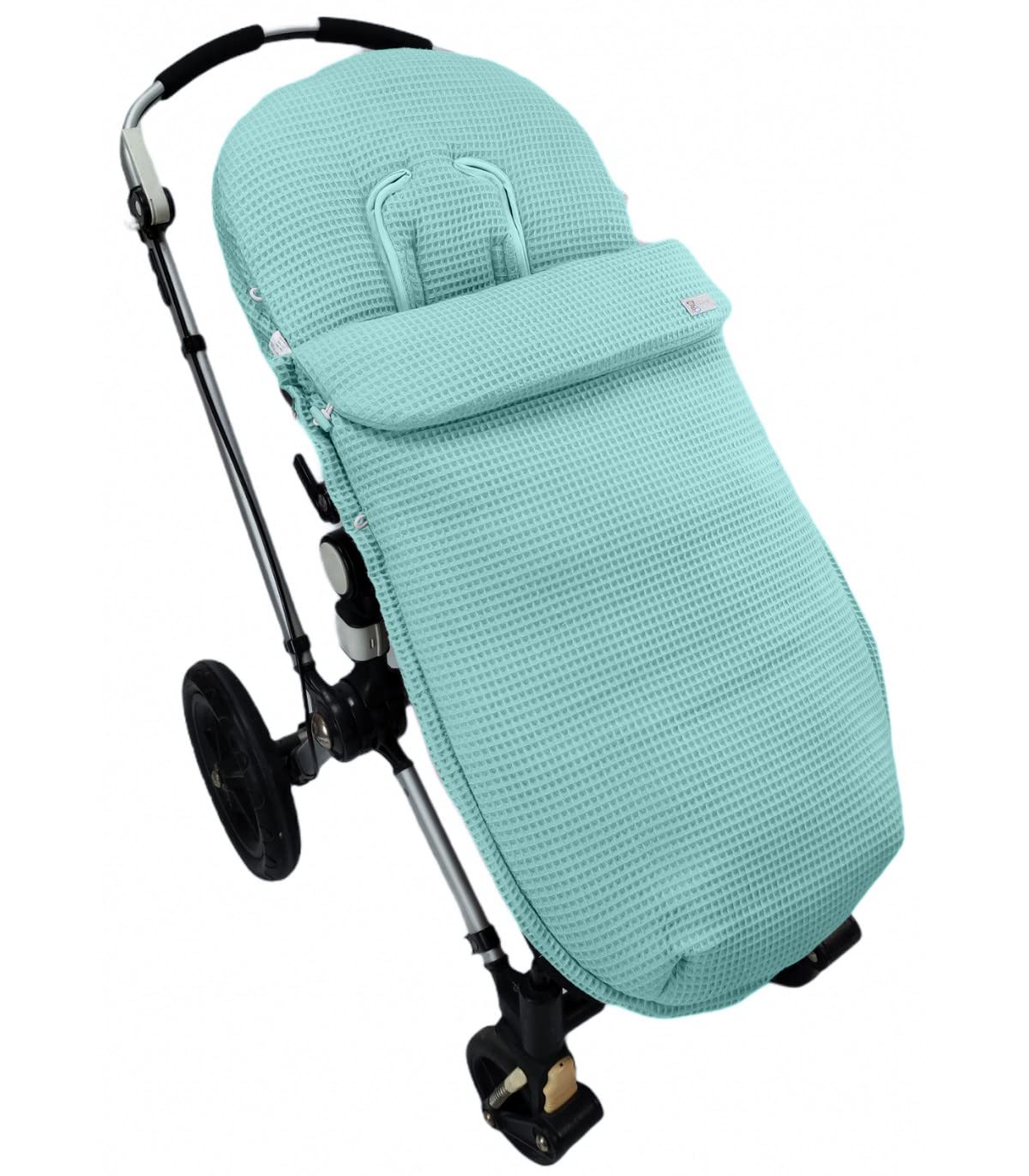Conjunto de Saco Silla de paseo Universal + Bolso Panera Personalizada – Conjunto Saco Universal + Talega o bolsa para carrito bordada con nombre – Gofre - Waffle – Nenel (Verde agua)