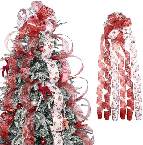 Red & White Glitter Tree Topper Bow 11 inch with 6 Ribbon Tails 3...