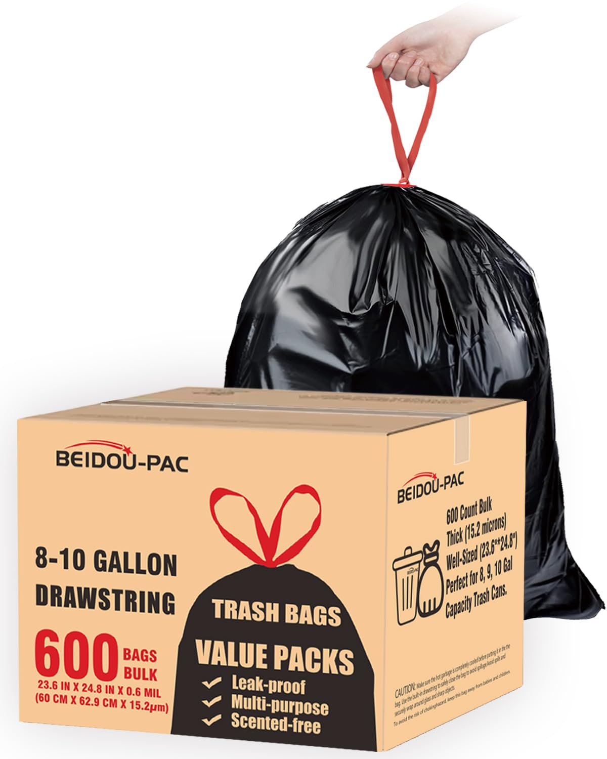BEIDOU-PAC Müllbeutel mit Kordelzug, 600 Stück, schwarz und geruchlos, Mehrzweck-Müllbeutel für Geschäft, Zuhause, Badezimmer, Küche, Gewerbe und Industrie