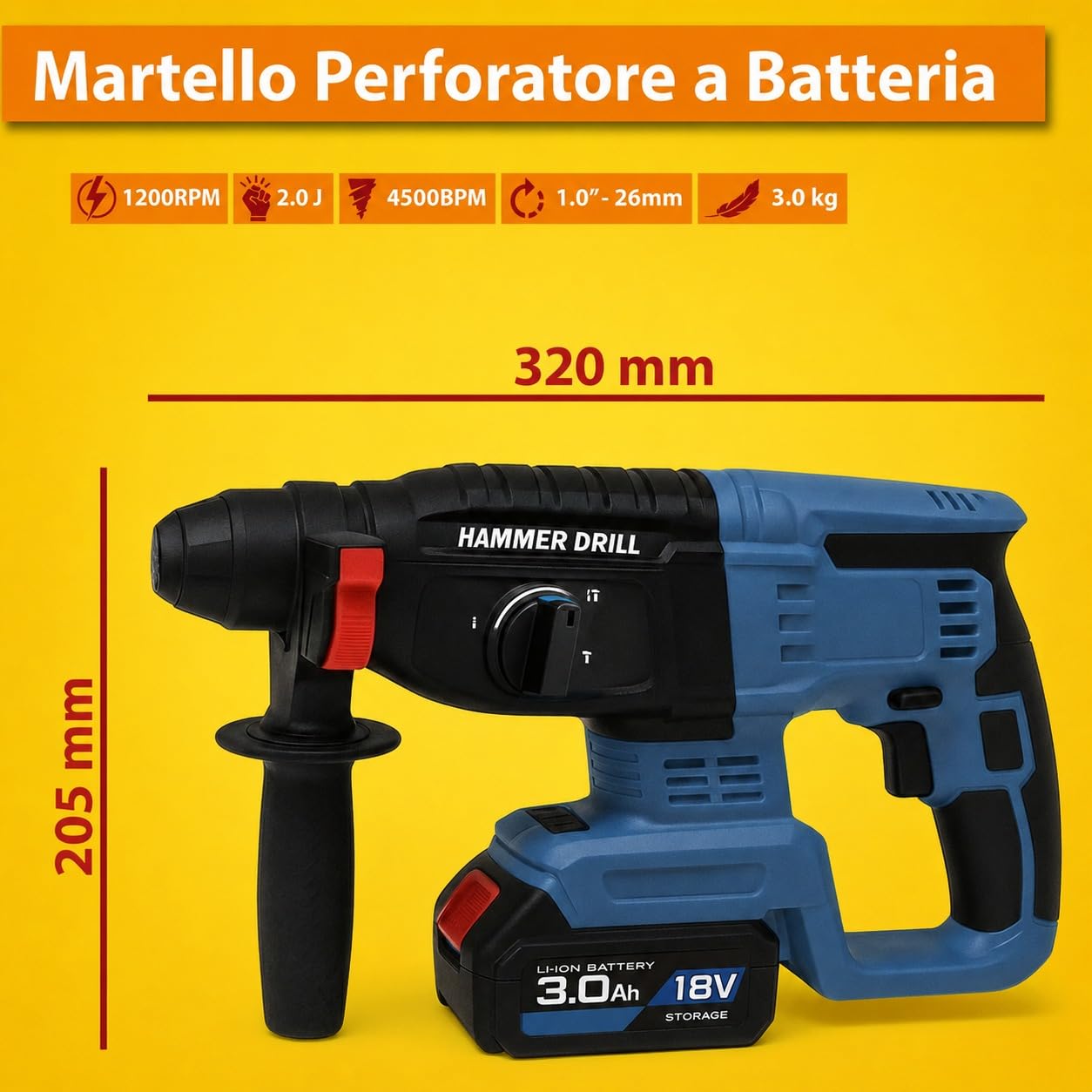 MAKA Martello Trapano Demolitore a Batteria 18V Professionale 3 in 1, Motore 1200 RPM 4500 BPM, Sistema SDS-Plus, 2 Batterie 3.4Ah, Set Punte e Scalpelli, Valigetta Inclusa per Cemento e Muratura (A)