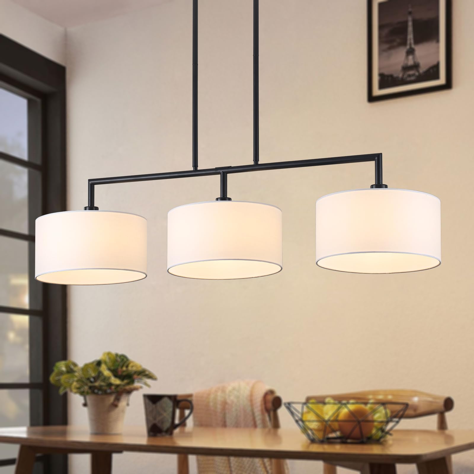 Photo 1 of 47" W Modern Linear Kitchen Island Pendant Light Fixture 3-Light White Linen Drum Shade Chandelier Black Metal Linear Chandeliers for Dining Room Farmhouse Hanging Light for Living Room, Bar, E26