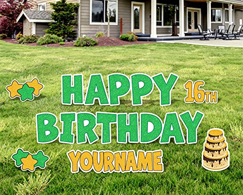 Glitter Happy Birthday Yard Sign, Happy Birthday Lawn Signs, Outdoor Lawn Decorations, Happy Birthday Lawn Ornaments, with H-Stakes, Multiple Custom Name Options, 13 Inch, HBD 18 Inch (Green Glitter)