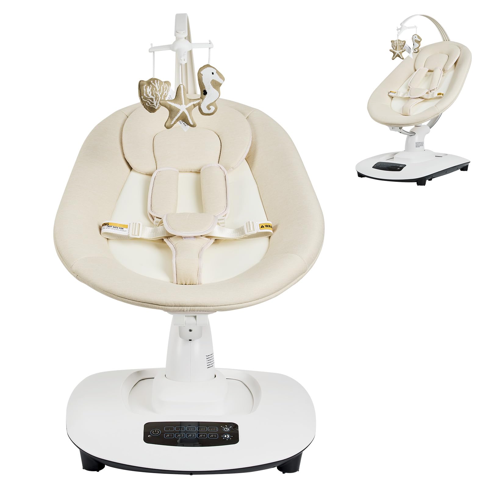 Baby Bouncer Swing Chair from Birth, Baby Rocker with 5 Swing Speed, 3-Stage Timer and Remote Control, All-Around Straps, Soft Padding, Touch-Screen, Electric Baby Swing with Bluetooth Music Playback