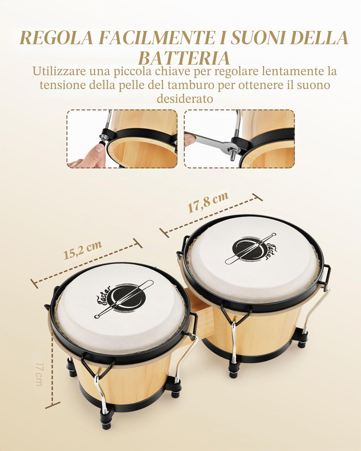 Eastar Bongo Drum 6” + 7” Per Adulti Bambini Principianti Professionisti Strumenti a Percussione Accordabili In Legno Tiglio EBO-1 naturale