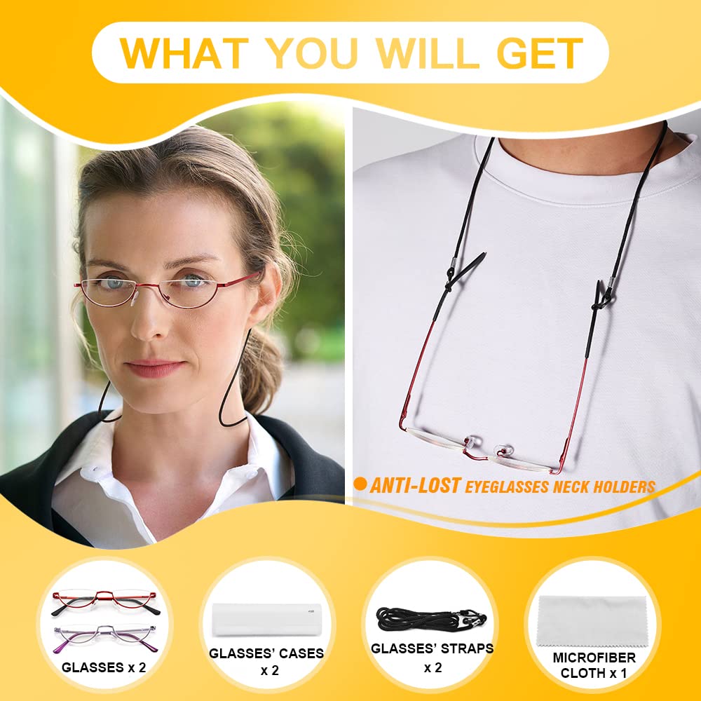 Touk Lesebrille, halber Rahmen, Anti-Blaulicht, UV-Filter, Halbmondlinse mit Federscharnier mit Etui, für Damen