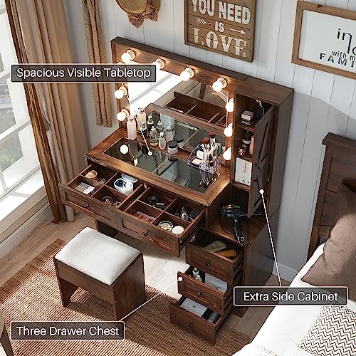 JXQTLINGMU-Farmhouse-Vanity-Makeup-Desk-with-Charging-Station-43-W-Vanity-Desk-with-Lights-Mirror-and-Drawers-for-Makeup-Big-Modern-Makeup-Vanity-Table-Set-with-Vanity-Stool-for-Bedroom-Brown JXQTLINGMU Farmhouse Vanity Makeup Desk with Charging Station 43 W Vanity Desk with Lights Mirror and Drawers for Makeup Big Modern Makeup Vanity Table Set with Vanity Stool for Bedroom Brown