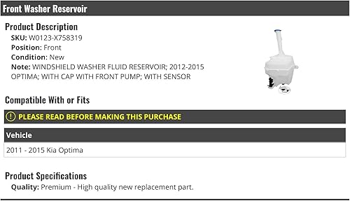 DepĂłsito de lĂquido para lavaparabrisas delantero, con tapa, bomba y sensor, compatible con Kia Optima 2011-2015 DepĂłsito de lĂquido para lavaparabrisas delantero, con tapa, bomba y sensor, compatible con Kia Optima 2011-2015