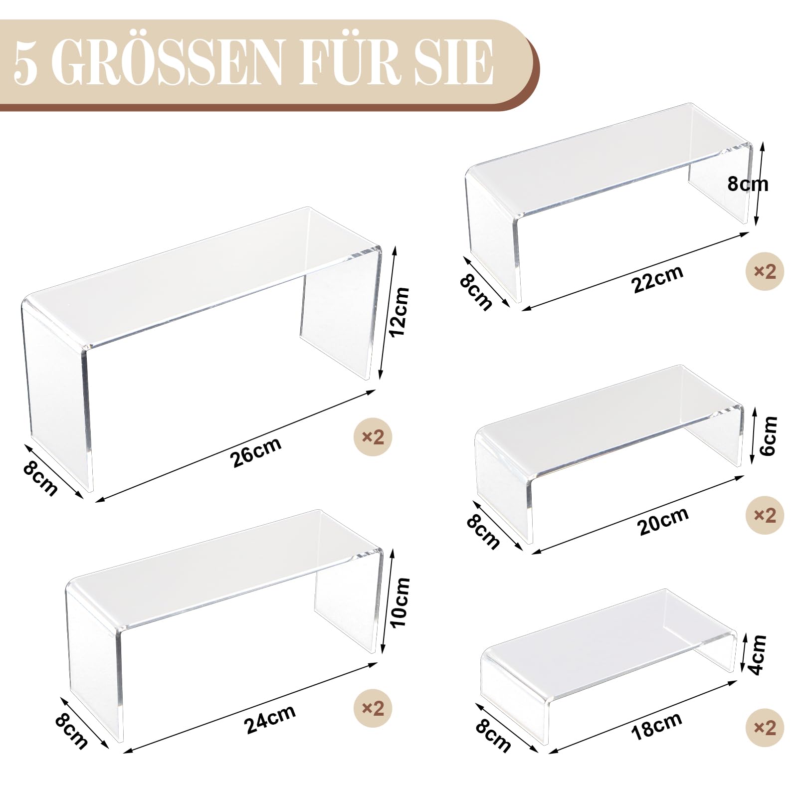ZYNERY 10 Stück Acryl für Display, 5 Größen klar Riser Regal für Cupcakes, Pop Figuren, Kosmetik, Sammlerstücke Display, Schminktisch Organizer, Transparenter Ständer für Haus & Shop Display