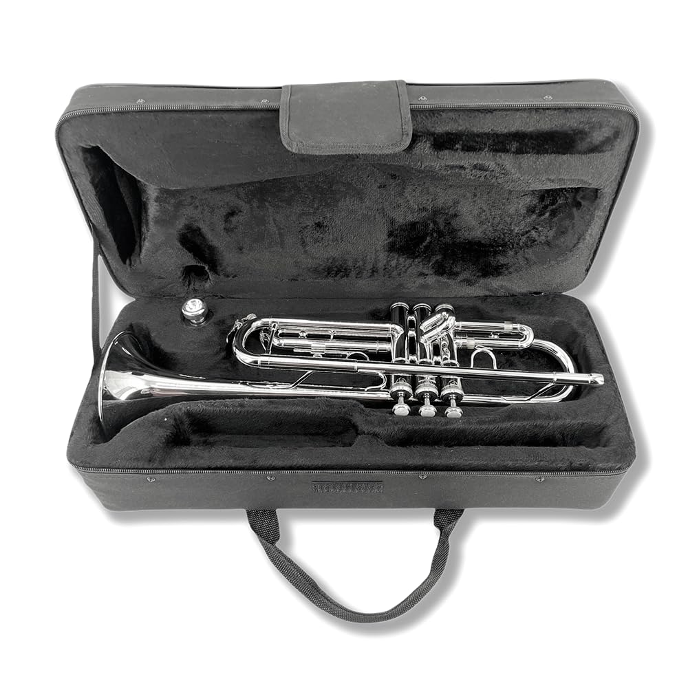 Ensemble de trompette en si bémol standard pour débutants, étudiants, trompette en laiton, si bémol avec embouchure 7C, chiffon de nettoyage, gants et étui de transport rigide (argent)