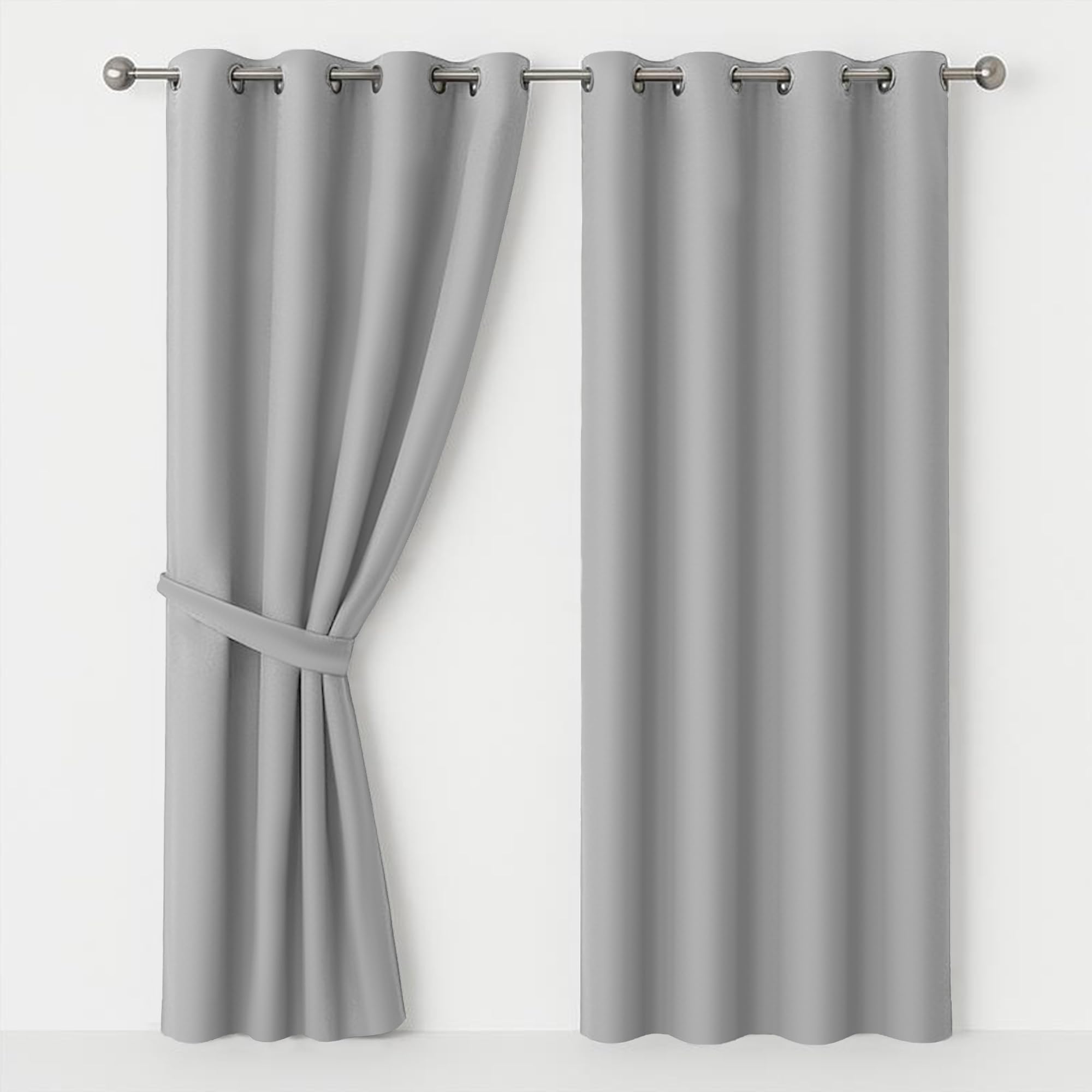 Ameha Light Grey Blackout Eyelet Curtains For Living Room 66X90 Inch Drop Blackout Curtains Thermal Insulated Energy Saving Ring Top Curtains 2 Panel & Tieback
