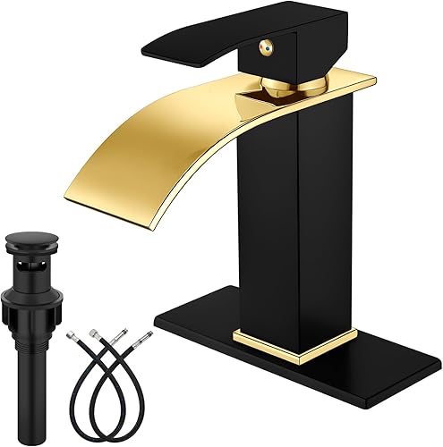 Midanya Grifo de baño en cascada, grifo de lavabo de baño de una sola manija con placa de cubierta y drenaje emergente, grifo de baño de oro pulido