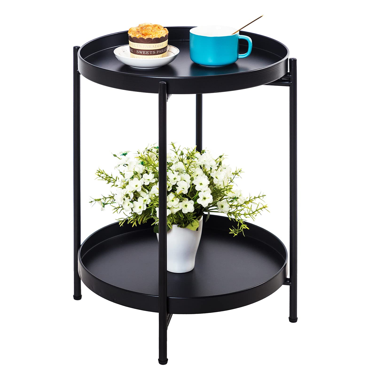 Toymay Black Folding End Table,2-Tier Metal Side Table with Removable Tray,Small Tables for Living Room/Nightstand, Round Coffee Table,(15”Dx20”H)