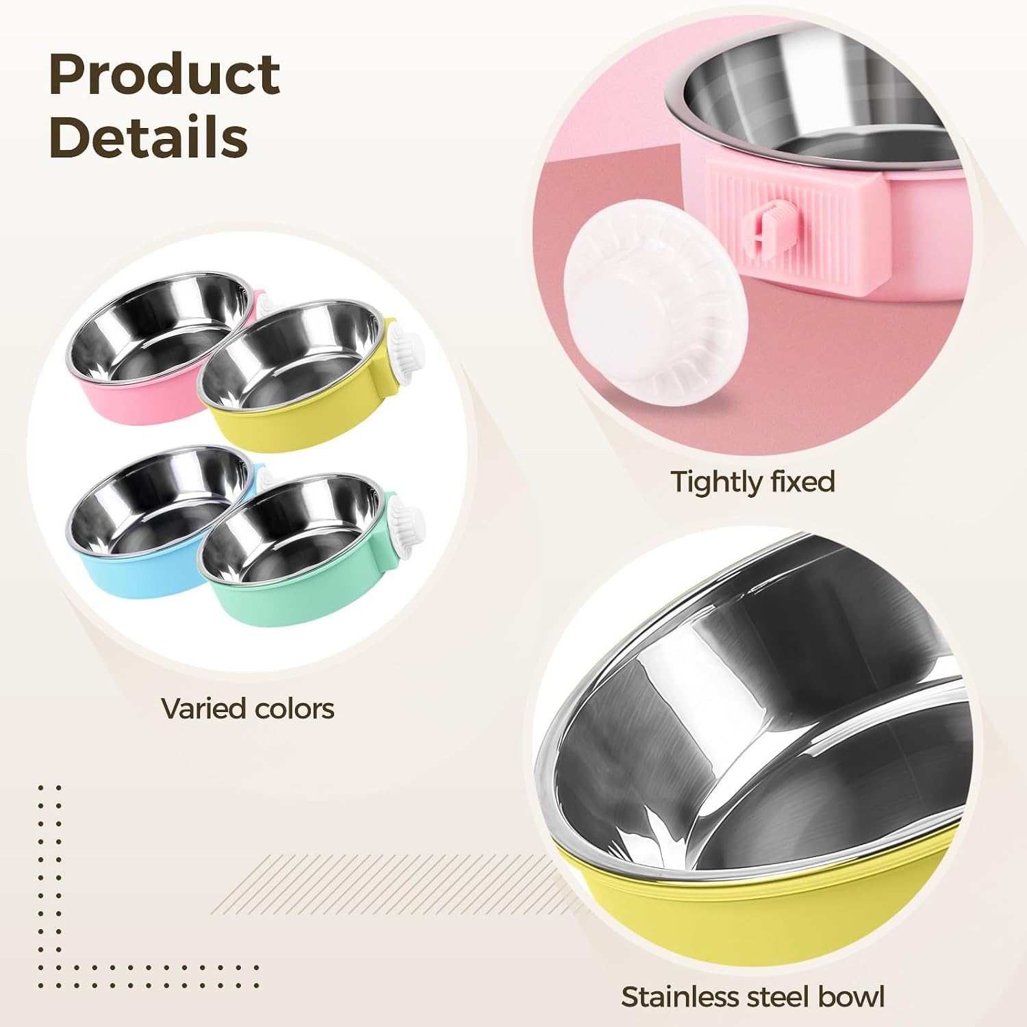 4 Stück Hundekäfig-Wassernapf, hängender, anbringbarer Futterspender aus Edelstahl, Abnehmbarer, auslaufsicherer Napf for Hundehütten, Mehrfarbig, leicht zu reinigendes Design