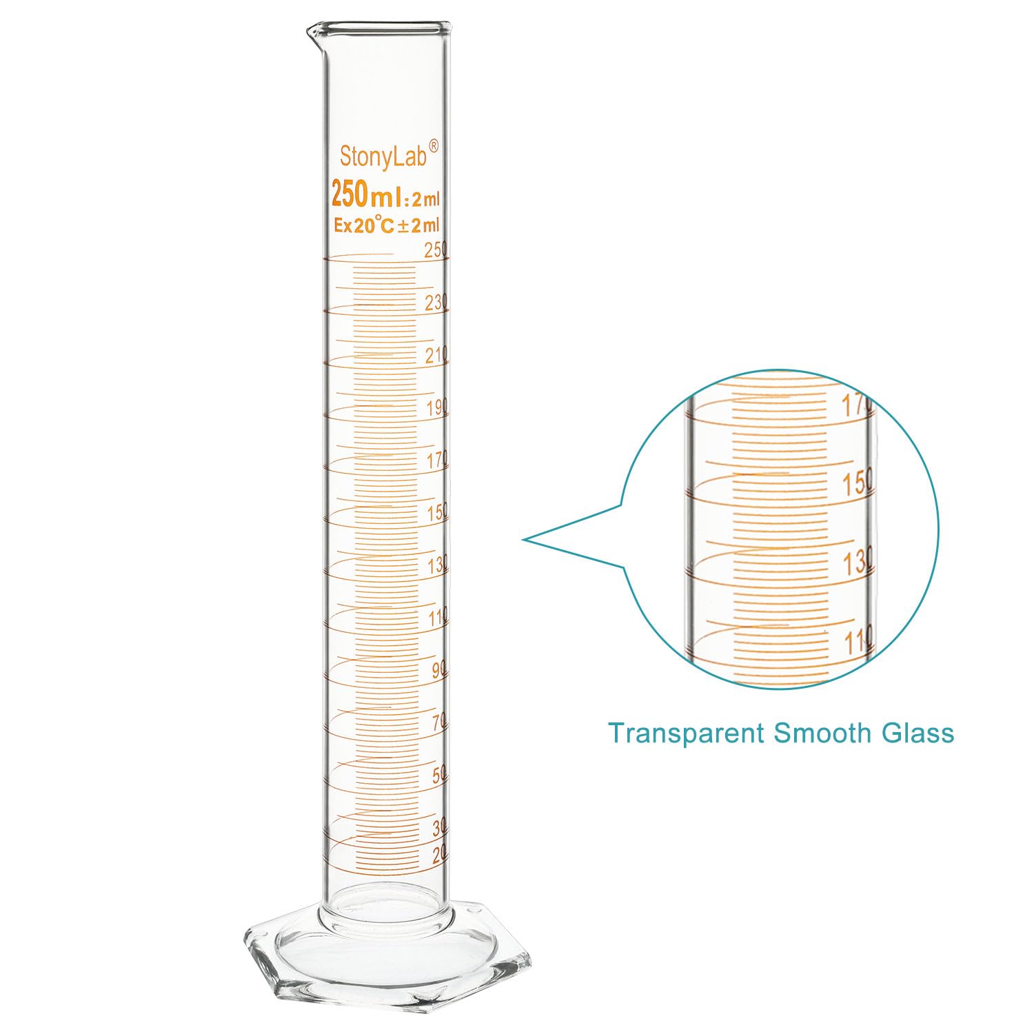 Cilindro Graduado de Vidrio de Borosilicato 250 ml, Paquete de 2 con Base Hexagonal