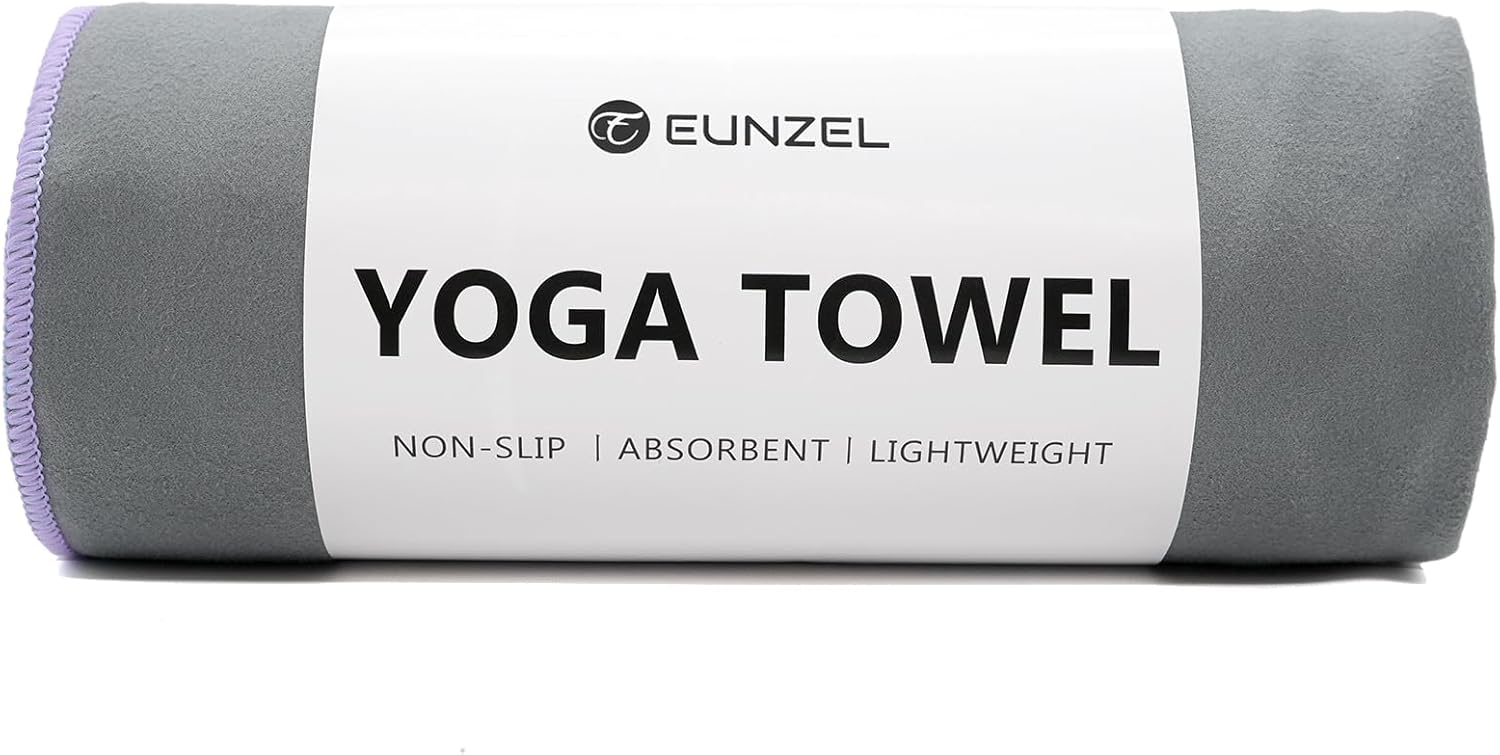 Eunzel Hot Yoga Towel Non-Slip Yoga Mat Towel Ultra-Absorbent Microfiber Towel for Hot Yoga, Pilates，Bikram and Workout 26.5″x 72″, Gray/Purple