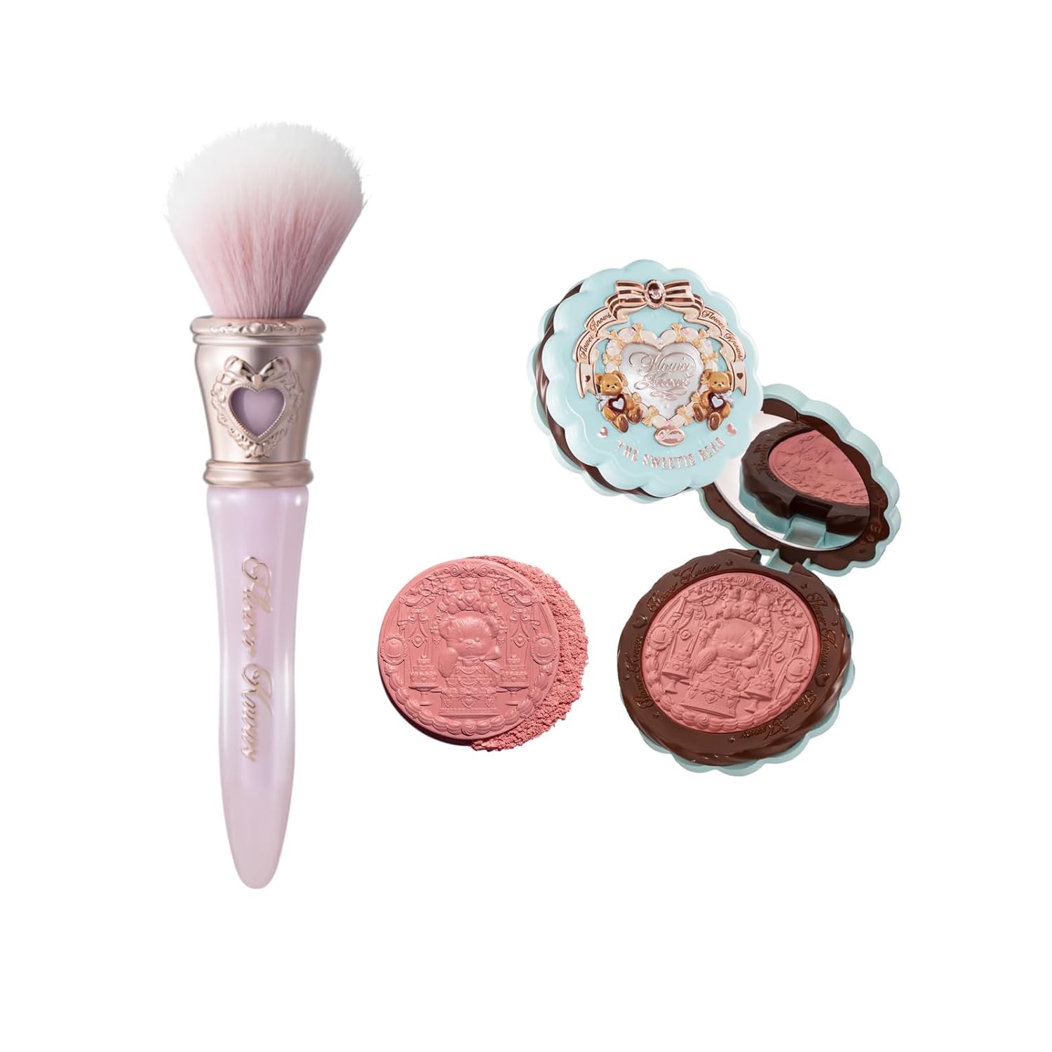 Flower Knows The Sweetie Bear Collection Silk Satin Blush (05 Bear Biscuit)+Bunny Garden Blush Brush (Pearl Pink)