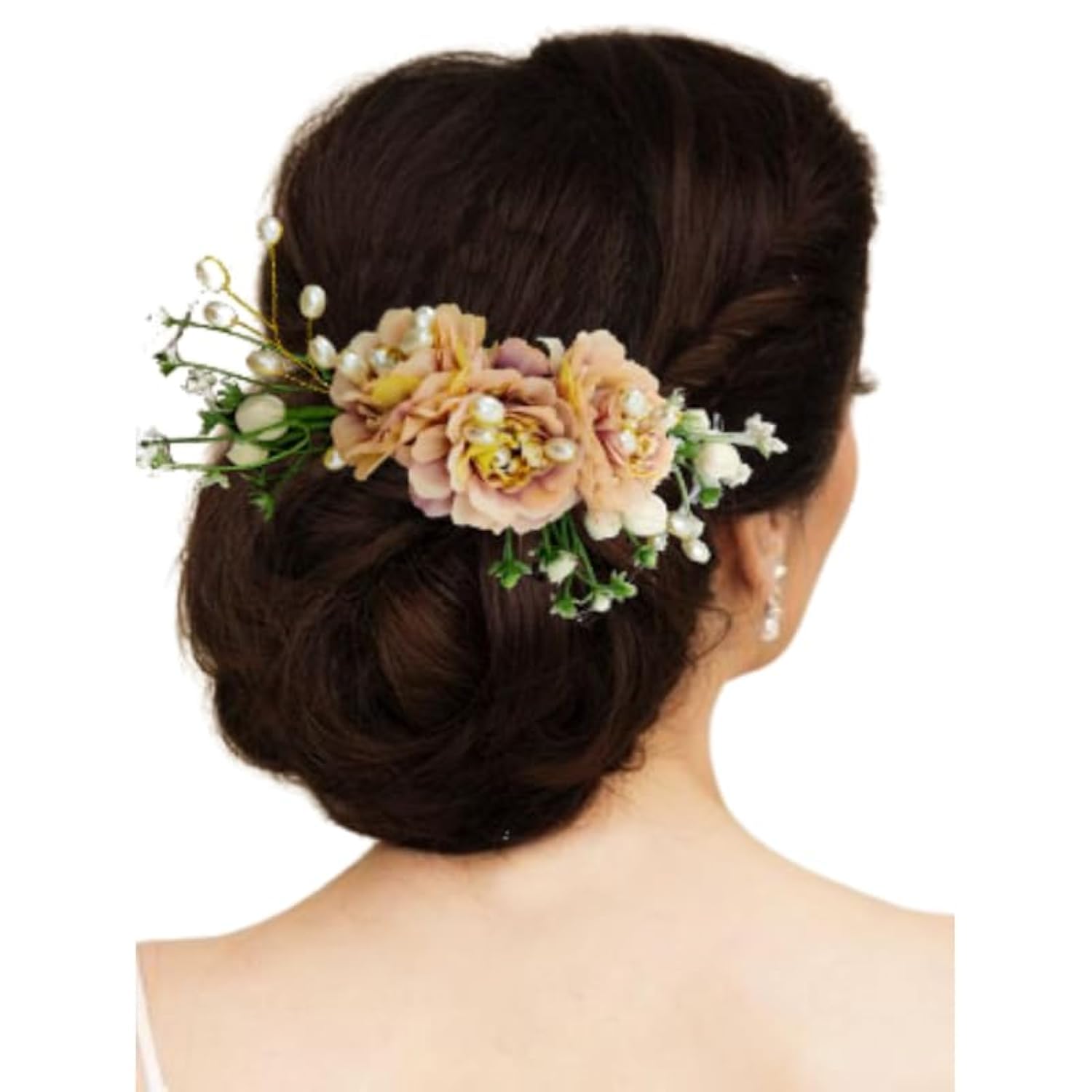 Hair Flare Comb Slide for Women, Girls Artificial Flower Hair Accessories, Bridal Hair Pin for Bun, 2215 - Peach