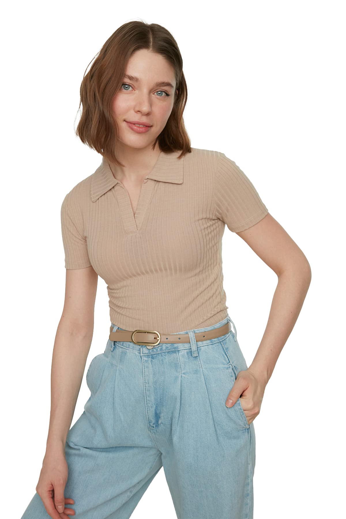 Trendyol FeMan Slim fit Basic Polo Neck Knit Blouse Stone