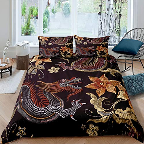 Homemissing Style Chinois Housse de Couette Dragon Fleur Motif Parure de Lit 220x240cm pour Enfants Vintage Floral Imprimé Ensembles de Housse de Couette Luxe...