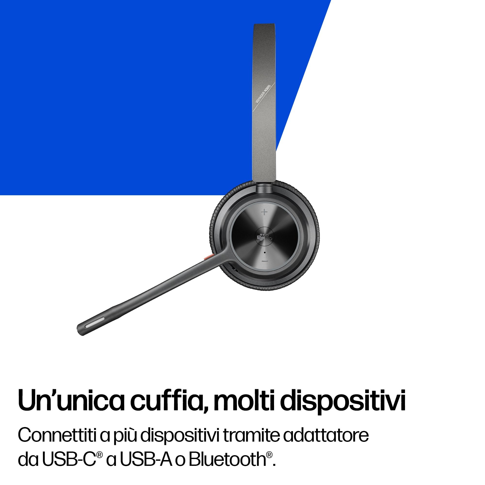 Poly Voyager 4320 UC, Cuffia Senza Filo, Connessione Bluetooth 5.1 e Dongle USB-C BT700, Cuscinetti in Similpelle, Autonomia 24 Ore, Base per Ricarica, Compatibile con Windows 10 e macOS, Nero