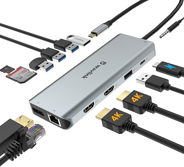 USB C Docking Station, WAVLINK 13 in 1 Multiport USB C Adapter Triple Display Laptop Docking Station, USB C Hub with 2 HDMI 4K, DisplayPort, 5 USB, 87W PD, Gigabit Ethernet,SD/TF Card Reader,Mic/Audio