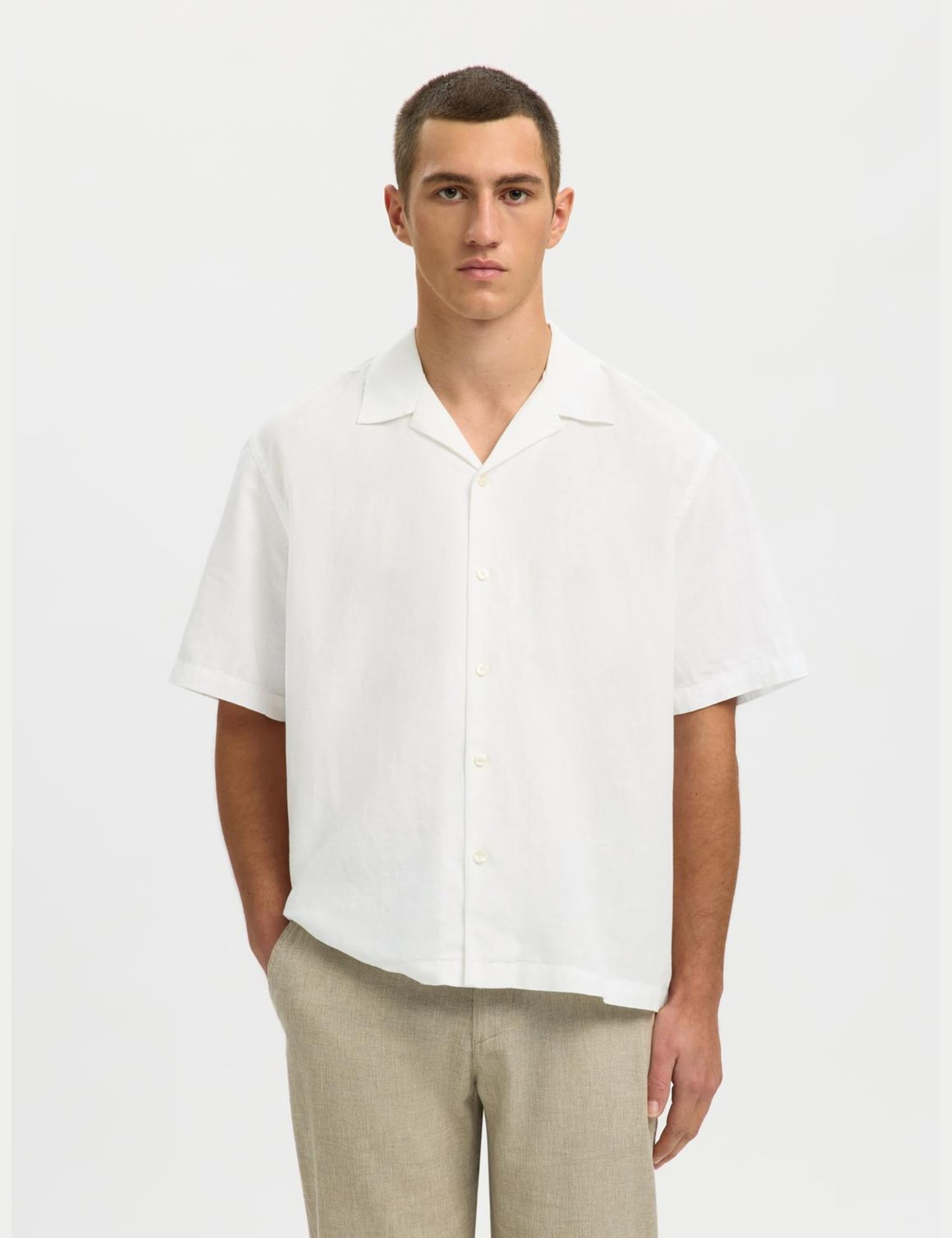 Linenblend Ss Shirt Res Noos, Bright White, XL