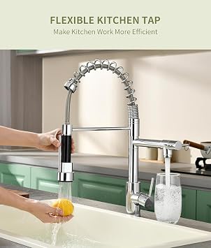 Kitchen Mixer Tap,High Arc Single Hole Kitchen Taps with Pull Out Sprayer,360° Swivel Two Spouts Spring Kitchen Sink Taps Mixer,Stainless Steel(Chrom)
