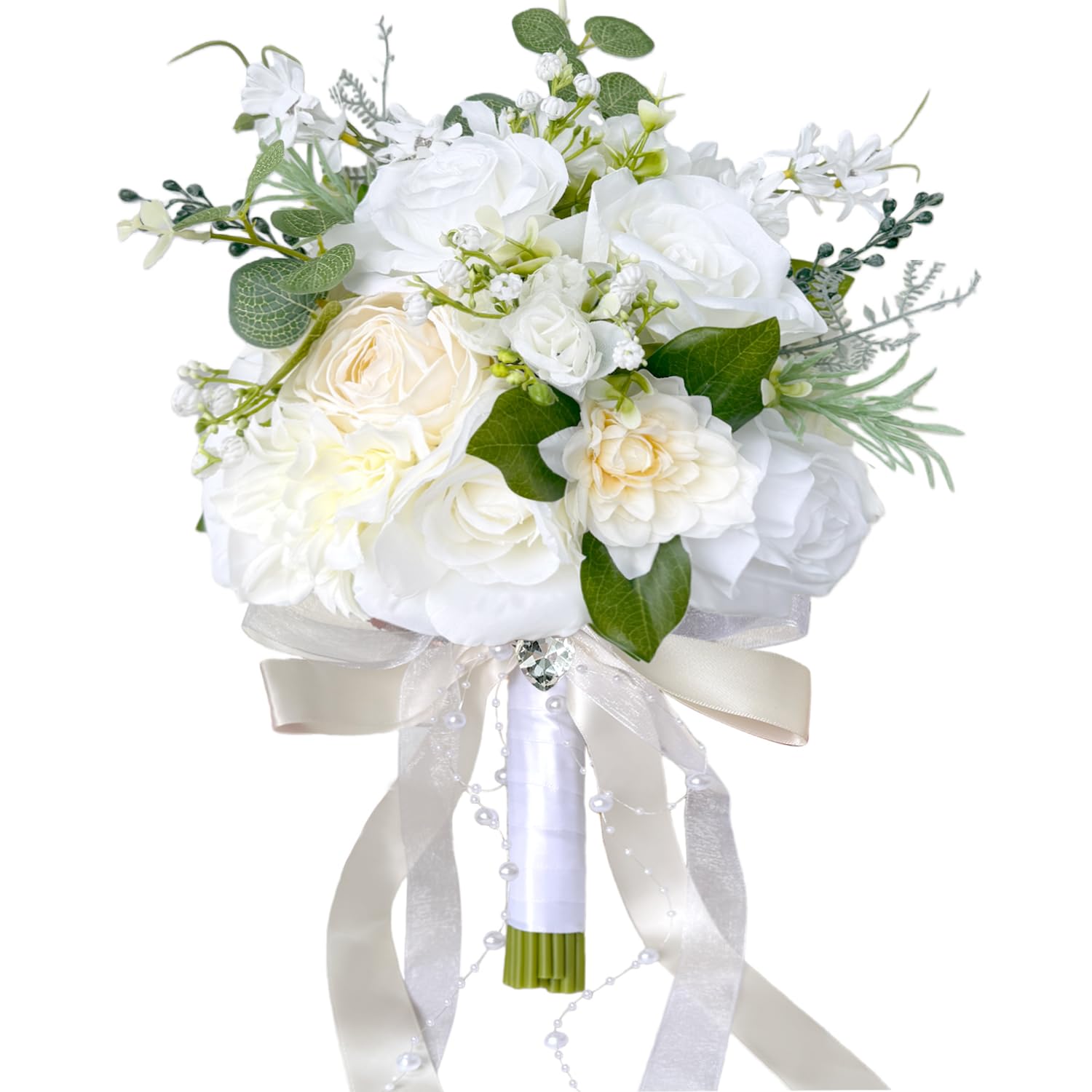 9 Inch Ivory White Wedding Bouquets for Bride Bridesmaid Champagne Rose Bridal Bouquet Artificial Fake Silk Cream Flowers Pearl Chains French Vintage Boho Rustic Church Decoration Toss Bouquet Prom