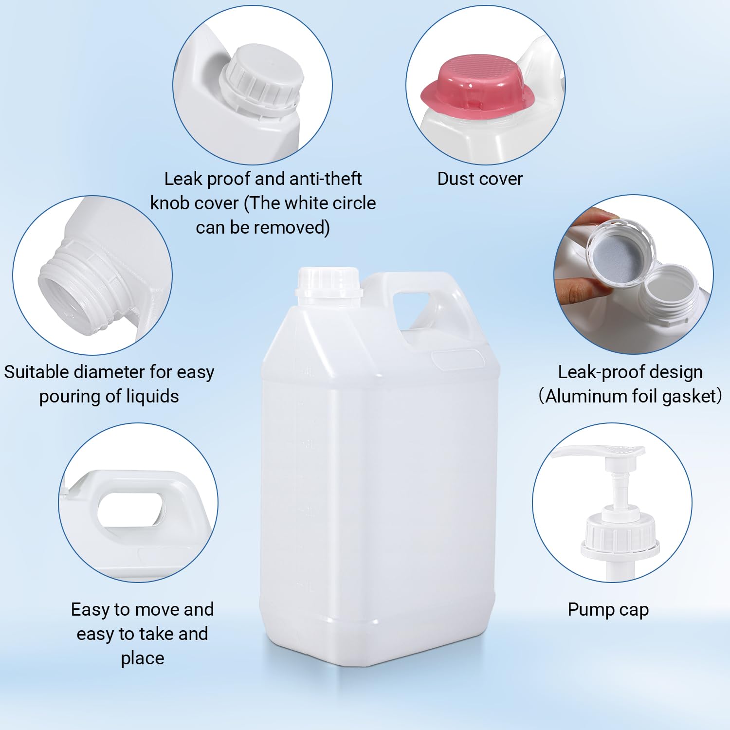 Lot de 4 pichets en plastique de style F réutilisables de qualité alimentaire en polyéthylène haute densité pour eau, sauces, savons, détergents, liquides de miel avec bouchon à visser et