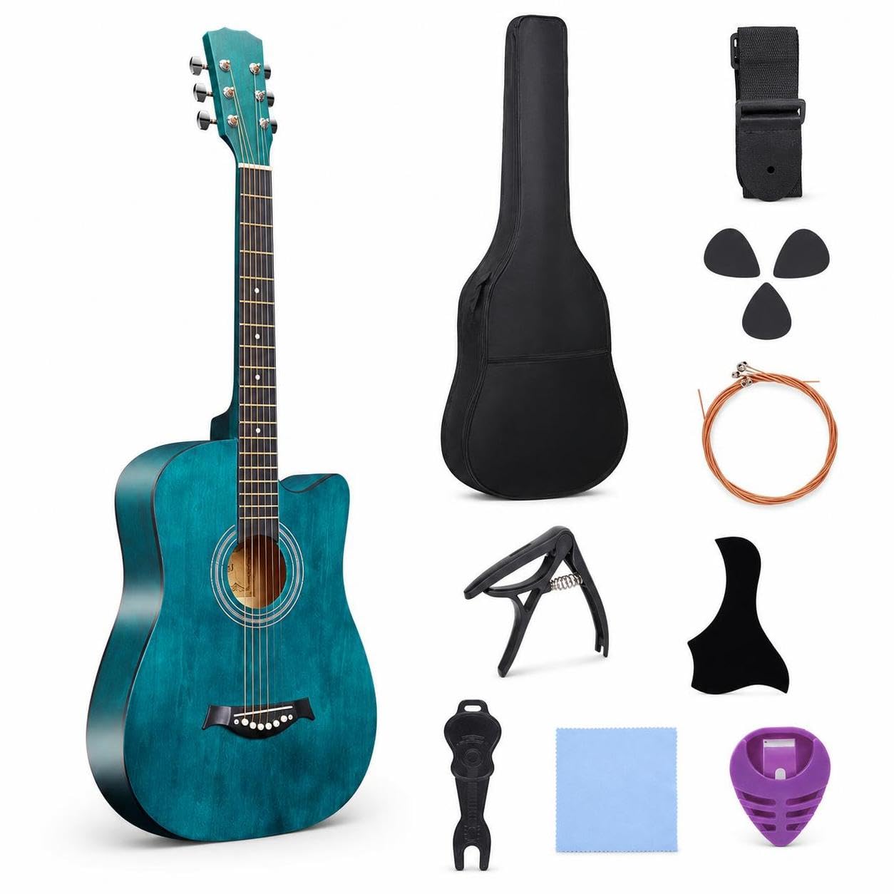 Acustica con Custodia, Kit Acustica 18 Barrel per Principianti e Musicisti, Chitarra acustica 38 pollici, colore blu scuro, con accessori