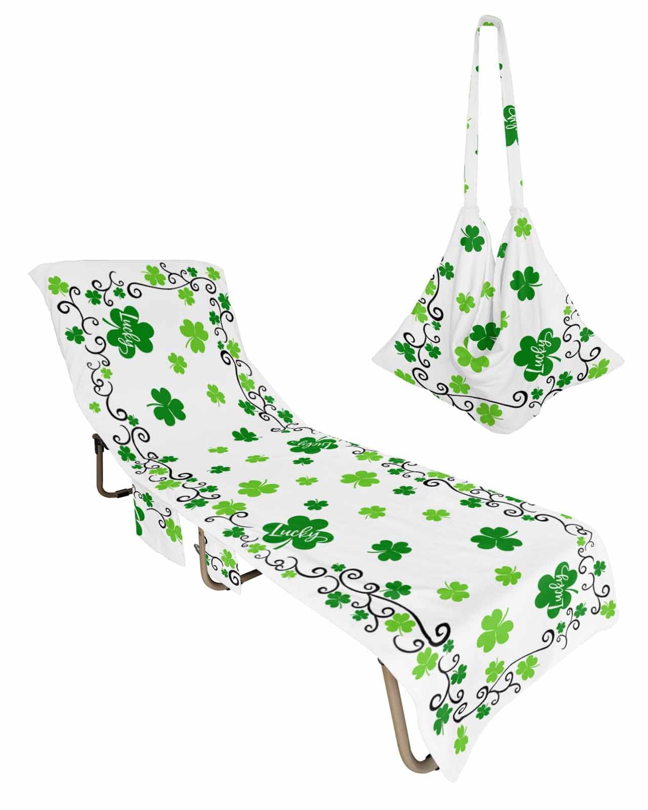 St Patrick's Day Beach Lounge Chair Towel Cover, Soft Chaise Lounge Towel with Side Pockets Patio Pool Chairs Cover for Beach/Pool Sunbathing 29x85 Green Lucky Clover Botanical