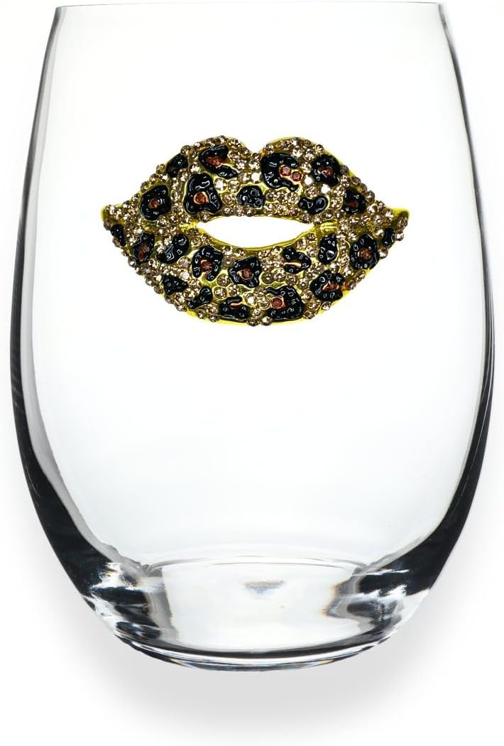 THE QUEENS' JEWELS Leopard Heart Jeweled Stemless Wine Glass, 21 oz. - Unique Gift for Women, Birthday, Cute, Fun, Not Painted, Decorated, Bling, Bedazzled, Rhinestone